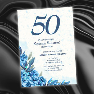 Elegant Winter White Blue Flowers 50th Birthday Invitation