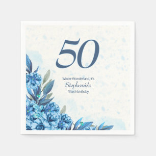 Elegant Winter White Blue Flowers 50th Birthday Napkin
