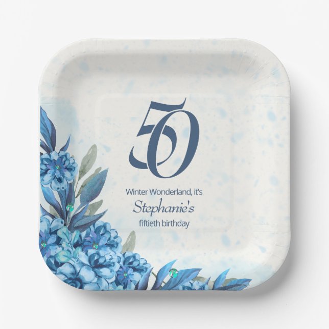Elegant Winter White Blue Flowers 50th Birthday  Paper Plate (Front)