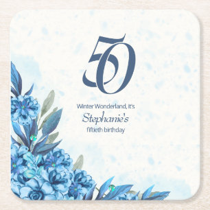 Elegant Winter White Blue Flowers 50th Birthday  Square Paper Coaster