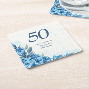 Elegant Winter White Blue Flowers 50th Birthday Square Paper Coaster