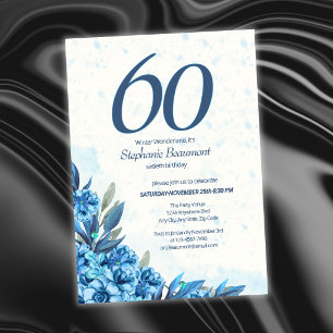 Elegant Winter White Blue Flowers 60th Birthday Invitation