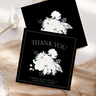 Elegant Winter White Floral Black Wedding Thank You Card