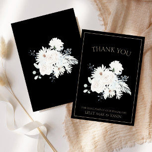 Elegant Winter White Floral Black Wedding Thank You Card