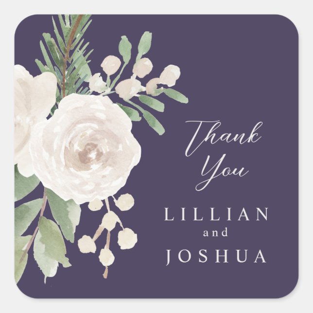 Elegant Winter White Floral Purple Wedding Square Sticker (Front)
