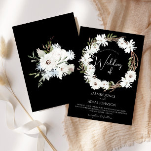 Elegant Winter White Floral Wreath Black Wedding Invitation
