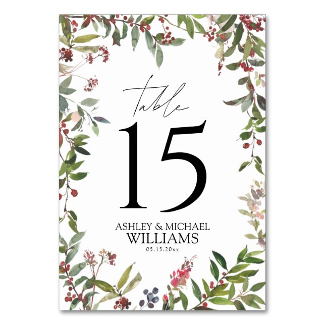 Elegant Winter Wildflower Berry Reception Table Number (Back)