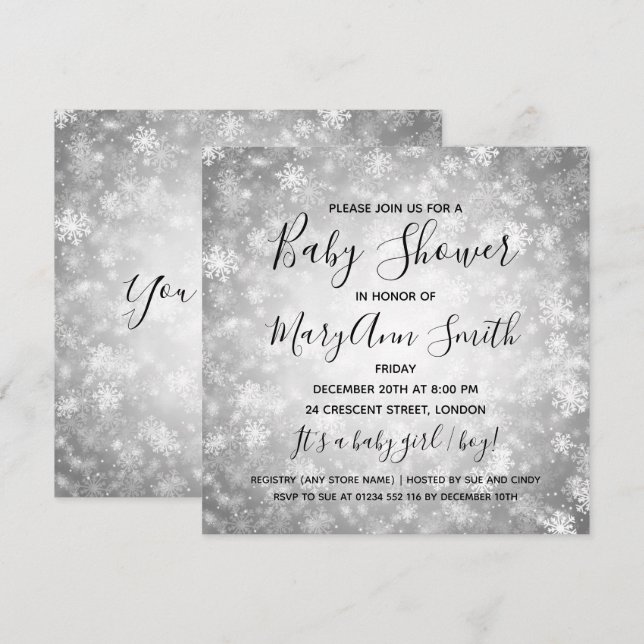 Elegant Winter Wonderland Baby Shower Silver Invitation (Front/Back)