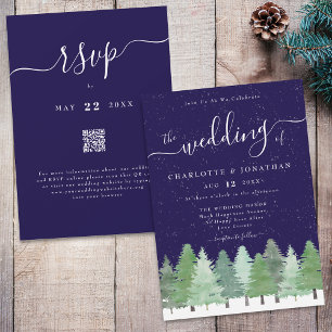 Elegant Winter Woodland Navy Blue Wedding Qr Code Invitation