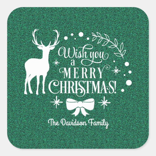 Elegant Wish You A MERRY CHRISTMAS Green Monogram Square Sticker (Front)