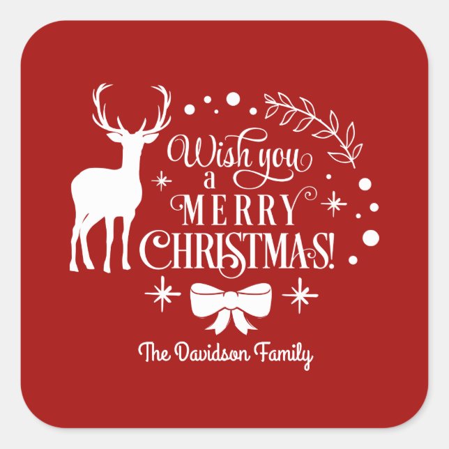 Elegant Wish You A MERRY CHRISTMAS Monogram Square Sticker (Front)