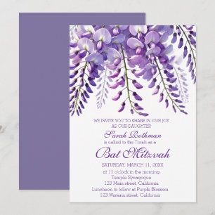 Elegant Wisteria Floral Purple Bat Mitzvah Invitation