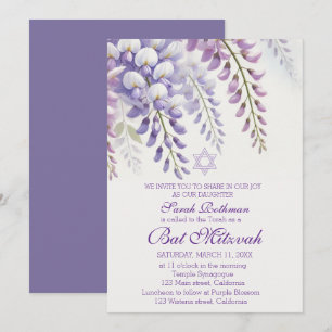 Elegant Wisteria Floral Purple Bat Mitzvah Invitation