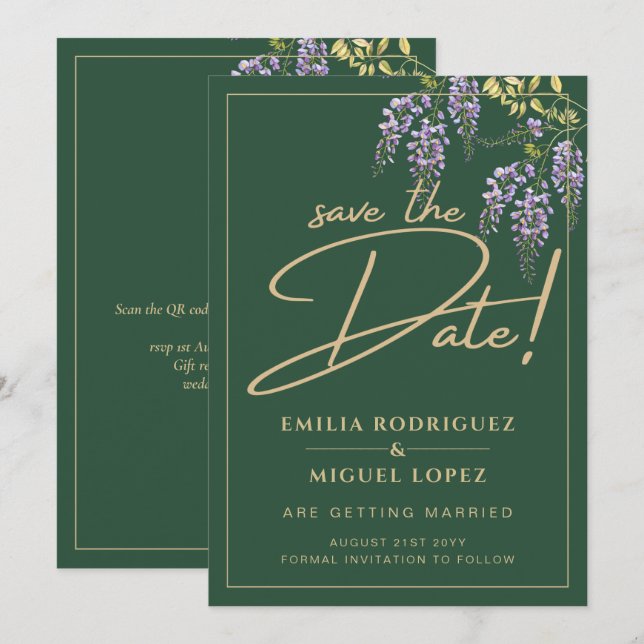 Elegant WISTERIA Gold Green SAVE THE DATE Invitation (Front/Back)