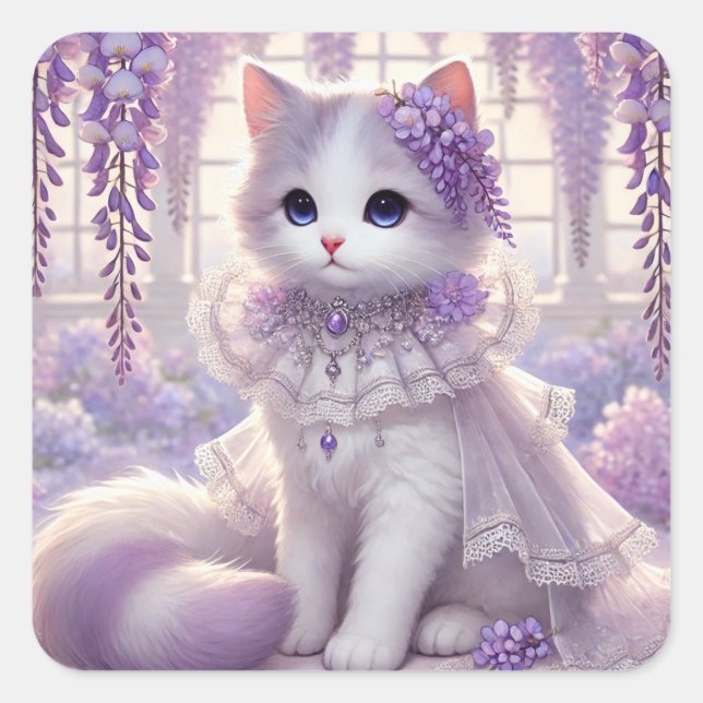 Elegant Wisteria Princess Cat Square Sticker (Front)
