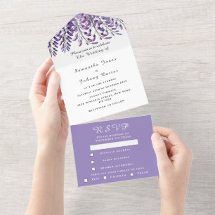 Elegant Wisteria Watercolor Purple Lilac Wedding  All In One Invitation