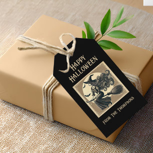 Elegant Witch on Broom Vintage Halloween Black Gift Tags