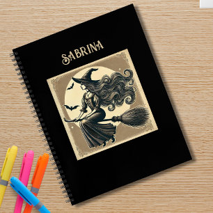 Elegant Witch on Broom Vintage Halloween Black Notebook