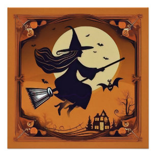 Elegant Witch on Broomstick  Poster