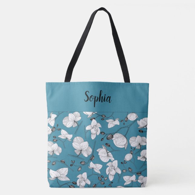 Elegant with black & white orchids chic blue tote bag (Front)