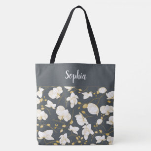 Elegant with gold and white orchids chic grey tote bag