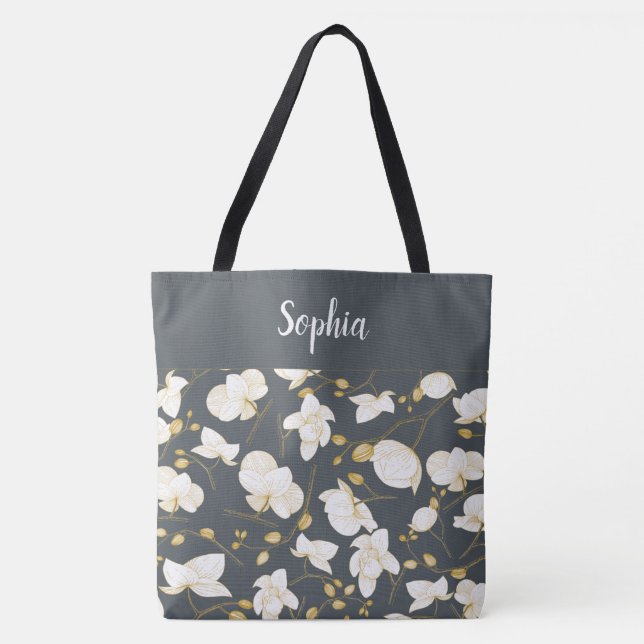 Elegant with gold and white orchids chic grey tote bag (Front)