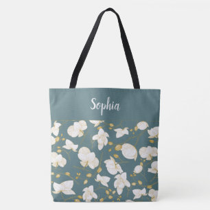 Elegant with gold & white orchids chic steel teal tote bag