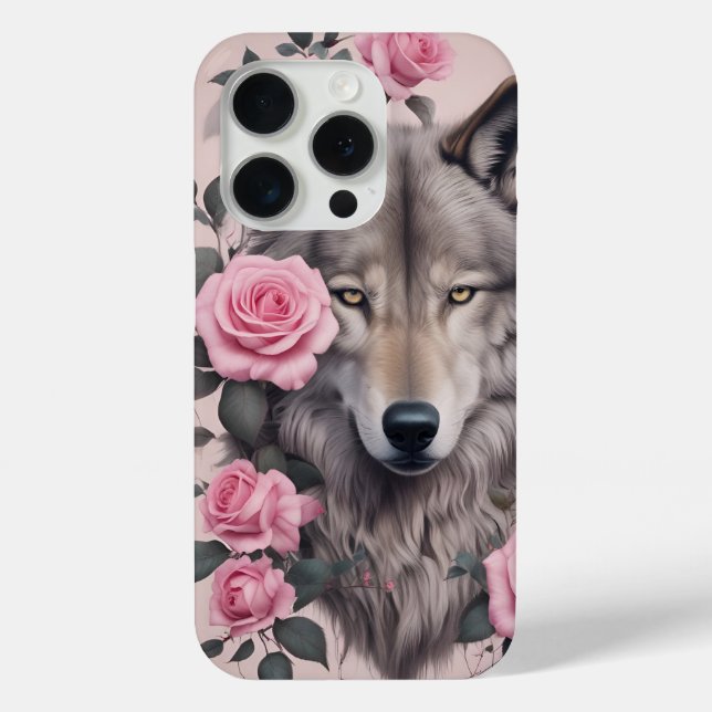 Elégant Wolf et Rose iPhone 15 Pro Coque (Verso)