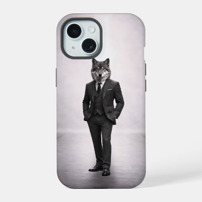 Elegant Wolf in Classic Suit Portrait iPhone 15 Case (Back)