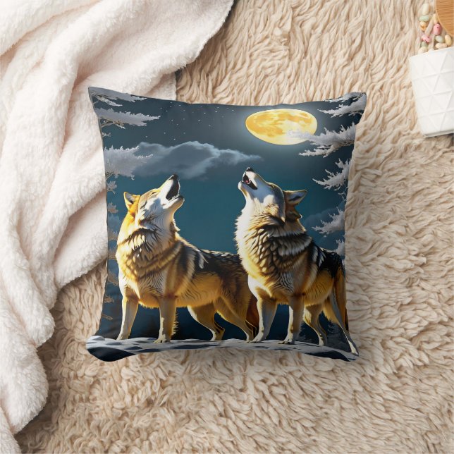 Elegant Wolves Howling Beneath a Full Moon Throw Pillow (Blanket)