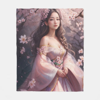 Elegant Woman Amidst Blooming Cherry Blosso Fleece Blanket