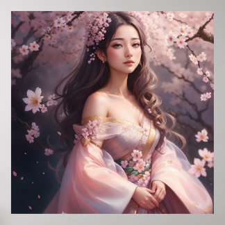 Elegant Woman Amidst Blooming Cherry Blosso Poster