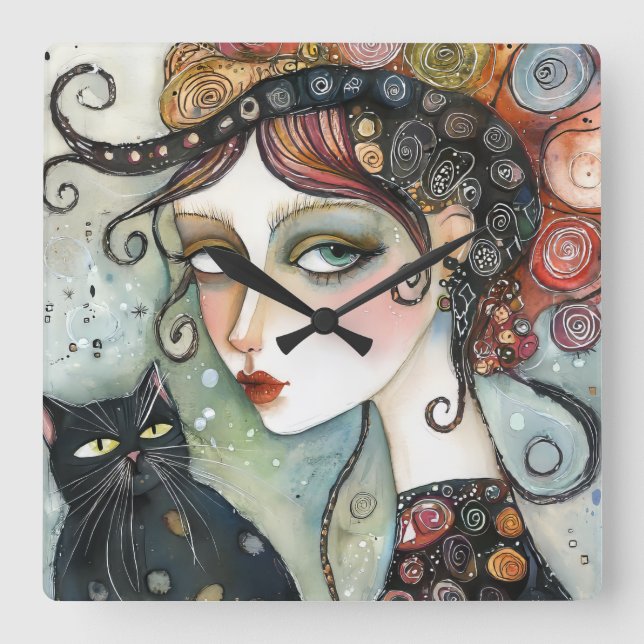 Elegant Woman and Cat Clock (Front)