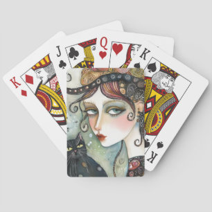 Elegant Woman and Cat Playing Cards