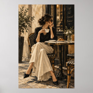 Elegant Woman at Café with Coffee and Croissant Wa Poster