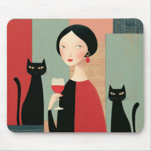 Elegant Woman Black Cats and Wine Mouse Pad
