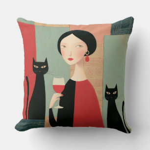 Elegant Woman Black Cats and Wine Throw Pillow