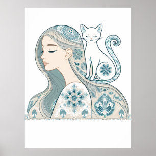Elegant Woman & Cat Floral Art Nouveau Design Poster