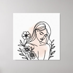 Elegant Woman Floral Line Art Canvas Print