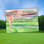 Elegant Woman Golf Player Swinging 50th Birthday Invitation<br><div class="desc">"Elegance on the Greens: Our 'Swinging into my fifties' invitation card captures the beauty of the 50th milestone with a graceful woman poised for the perfect swing on a watercolor-drenched golf green. Customize with ease to celebrate the retiree's name, date, and time in style." Save paper, time and money! Order...</div>