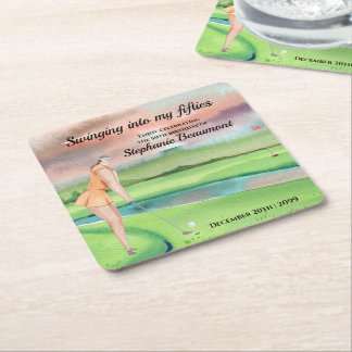 Elegant Woman Golf Player Swinging 50th Birthday Square Paper Coaster