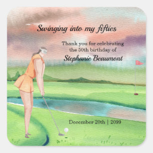 Elegant Woman Golf Player Swinging 50th Birthday Square Sticker