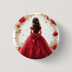Elegant Woman in a Red Gown Surrounded by Roses 1 Inch Round Button
