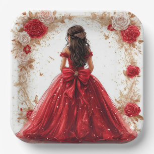 Elegant Woman in a Red Gown Surrounded by Roses Paper Plate