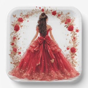 Elegant Woman in a Red Gown Surrounded by Roses Paper Plate