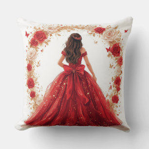 Elegant Woman in a Red Gown Surrounded by Roses Throw Pillow