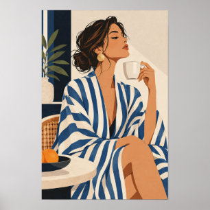 Elegant Woman in Blue Stripes Holding Coffee Wall  Poster