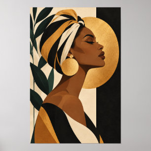Elegant Woman in Headwrap Gold and Black Portrait Poster
