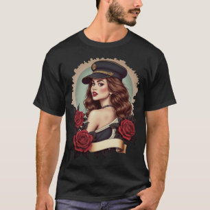 Elegant Woman in Military Hat with Roses – Surreal T-Shirt