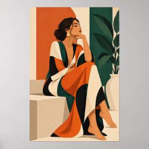 Elegant Woman in Orange and Green Botanical Wall A Poster